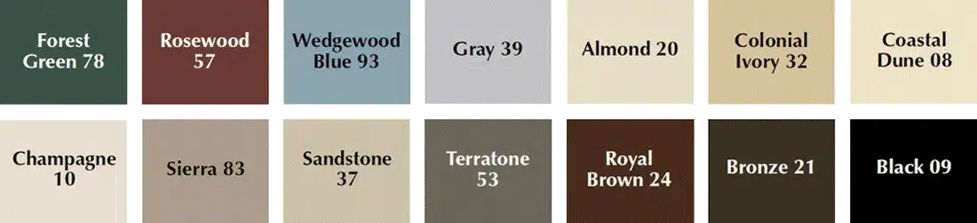 A palette of 13 rectangular swatches displays colors with names and numbers: Forest Green 78, Rosewood 57, Wedgewood Blue 93, Gray 39, Almond 20, Colonial Ivory 32, Coastal Dune 08, Champagne 10, Sierra 83, Sandstone 37, Terratone 53, Royal Brown 24, Black 09.