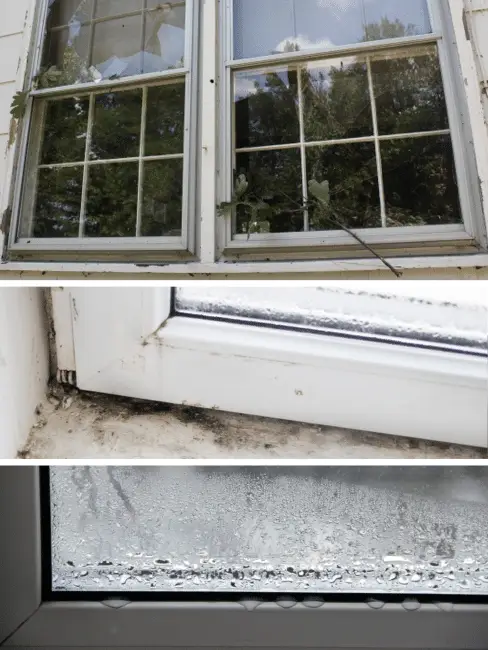 Collage of three images shows aging windows with visible plant growth outside, mold and dirt accumulation on the window frame, and condensation forming on the inside of the glass.