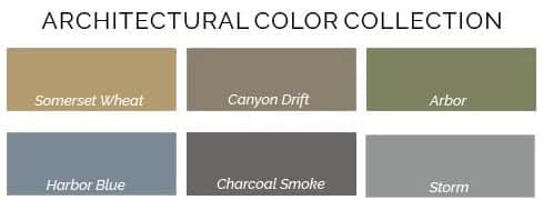 A grid of six color swatches labeled: Somerset Wheat (tan), Canyon Drift (taupe), Arbor (green), Harbor Blue (blue), Charcoal Smoke (gray), and Storm (dark gray). Title above: Architectural Color Collection.