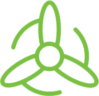 A neon green line drawing of a three-bladed propeller or fan icon. It features curved lines extending from the tips of each blade, suggesting movement or rotation. The design is simple and abstract, set against a transparent background.