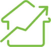A green icon depicting a graduation cap with an upward trending arrow integrated into its design, symbolizing growth or progression related to education.