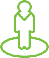 A green outline of a person standing inside a circular boundary on a white background.