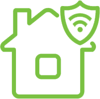 A green outline of a house with a shield in the upper-right corner, featuring a Wi-Fi signal icon on the shield, symbolizing smart home protection or secure home network.