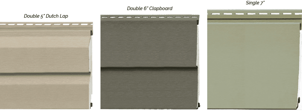 Three types of siding are displayed: Double 5 Dutch Lap in beige, Double 6 Clapboard in gray, and Single 7 in light green, each showing different horizontal profiles and textures.