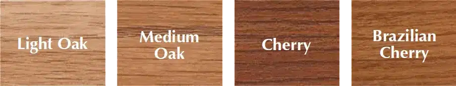 Four wood samples labeled Light Oak, Medium Oak, Cherry, and Brazilian Cherry. Each sample shows a distinct wood grain pattern and color, ranging from light to dark brown.