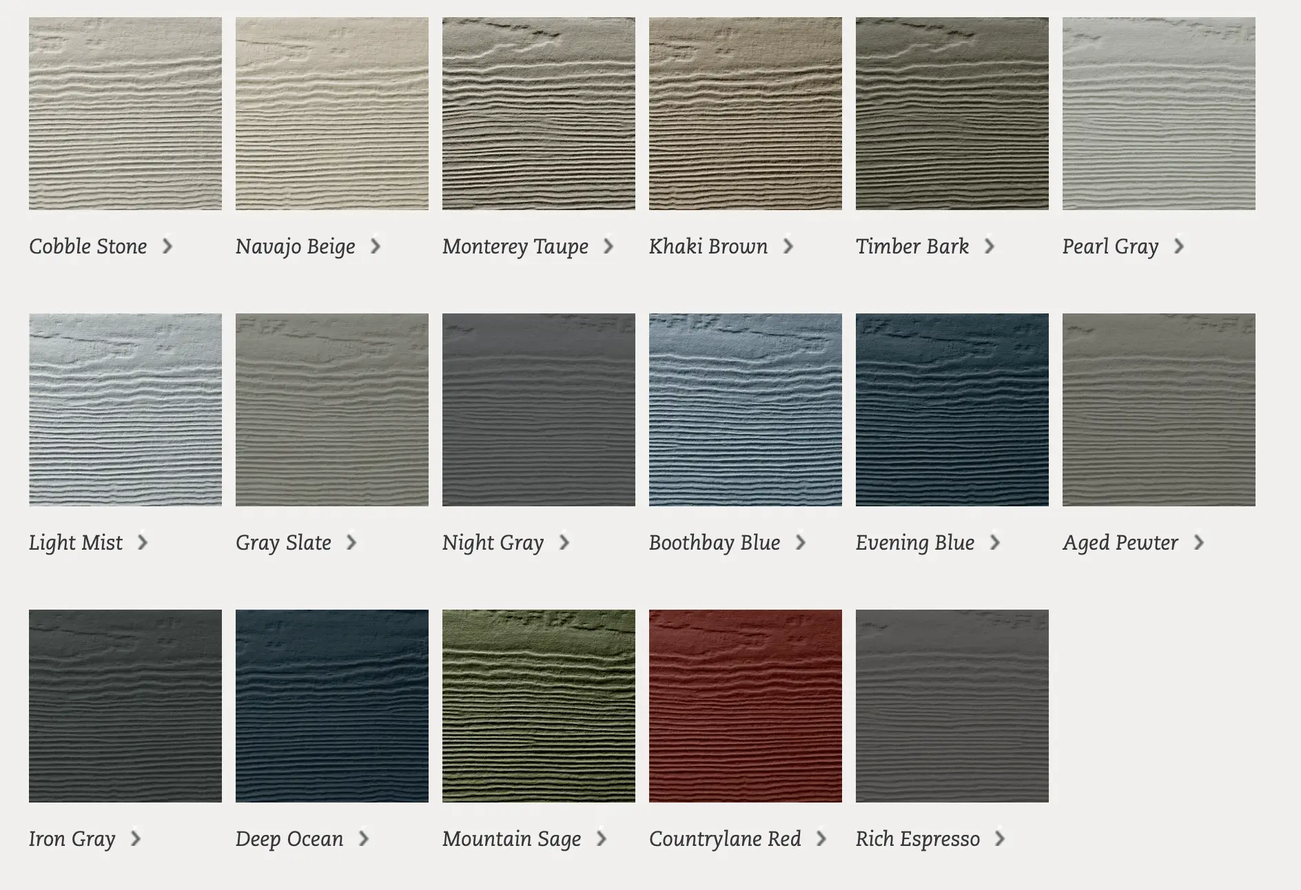 James Hardie Statement Collection siding colors—featuring top ColorPlus finishes like Mountain Sage, Boothbay Blue, and Iron Gray.