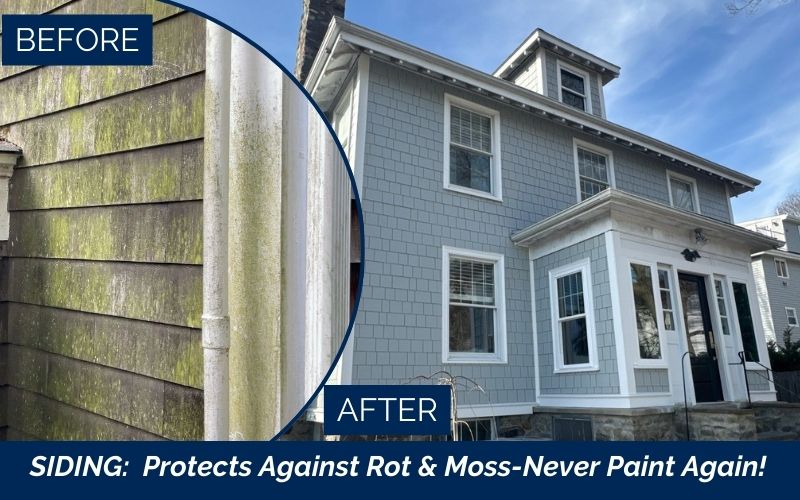 Before and after comparison of home exterior with old siding replaced by new vinyl siding from Coastal Windows & Exteriors