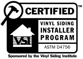 Black and white logo with a hammer icon, the word CERTIFIED, and VINYL SIDING INSTALLER PROGRAM ASTM D4756. Includes a house graphic labeled VSI and the note Sponsored by the Vinyl Siding Institute.