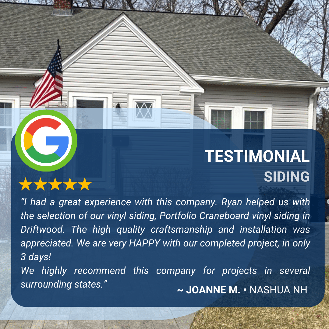 Google 5-star review from Joanne M. in Nashua NH praising Portfolio Craneboard vinyl siding installation by Coastal Windows and Exteriors