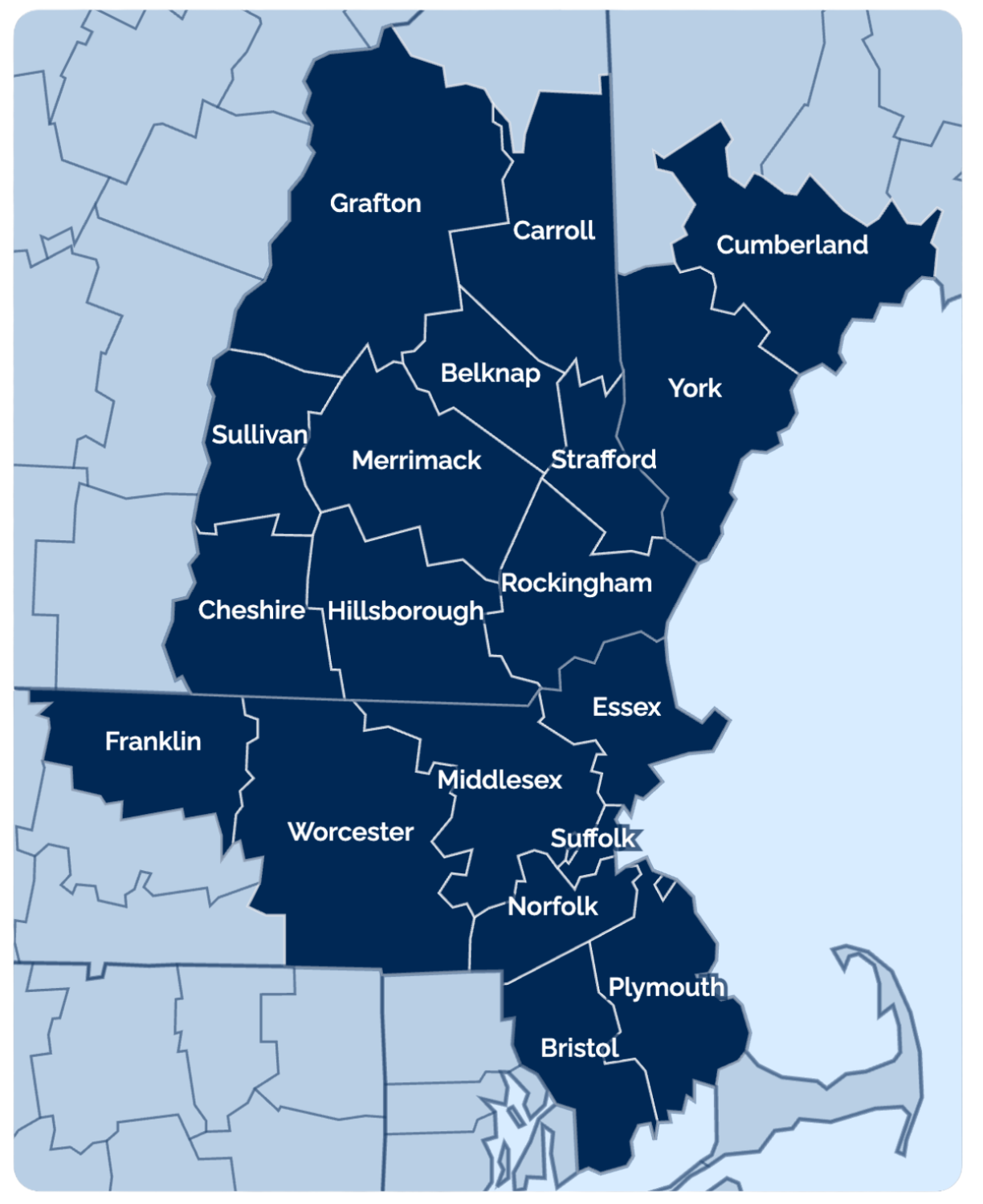 Service area map showing Coastal Windows & Exteriors coverage across Massachusetts, New Hampshire, and Maine counties, including Essex County.